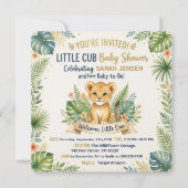 Cute Lion Cub Tropical Safari Greenery Baby Shower 招待状 (正面)