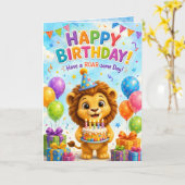 Cute Lion Happy Birthday Greeting Card カード (黄色い花)