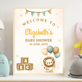 Cute Lion Watercolor Baby Shower Boy ポスター