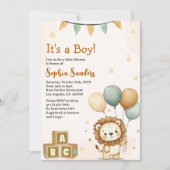 Cute Lion Watercolor Baby Shower Boy 招待状 (正面)