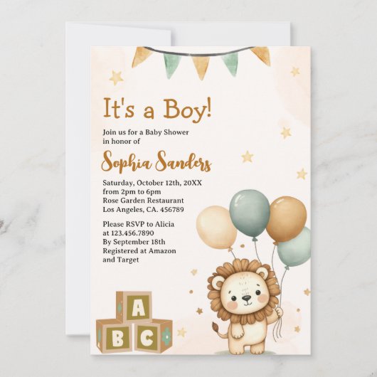 Cute Lion Watercolor Baby Shower Boy 招待状 (正面)
