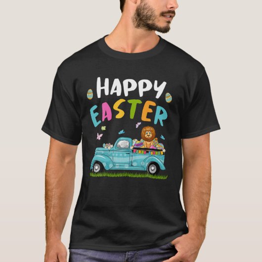 Cute Lion With Bunny Ears Egg Hunting Truck Easter Tシャツ (正面)