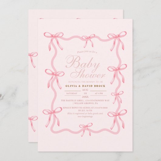 Cute Little Bow Pastel Baby Shower 招待状 (正面/裏面)