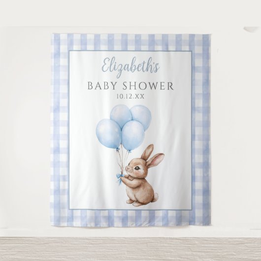 Cute Little Bunny Blue Baby Shower Photo Backdrop タペストリー (正面)