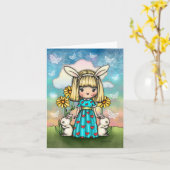 Cute Little Bunny Girl with Bunnies Fantasy Art カード (黄色い花)