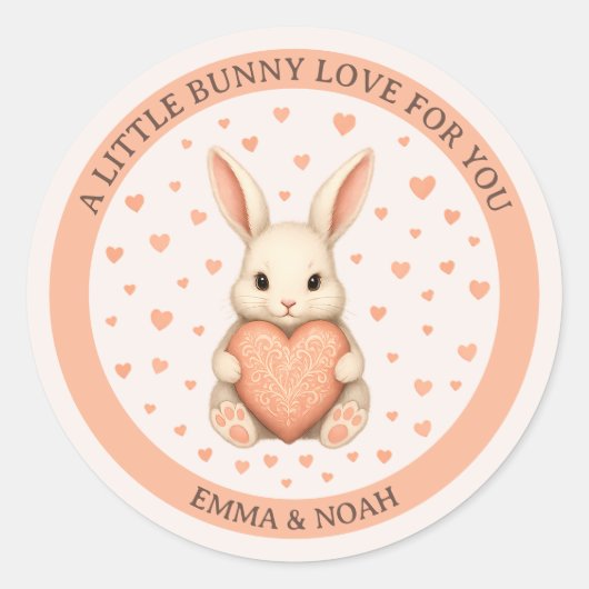 Cute Little Bunny Love with Heart on Soft Blush ラウンドシール (正面)