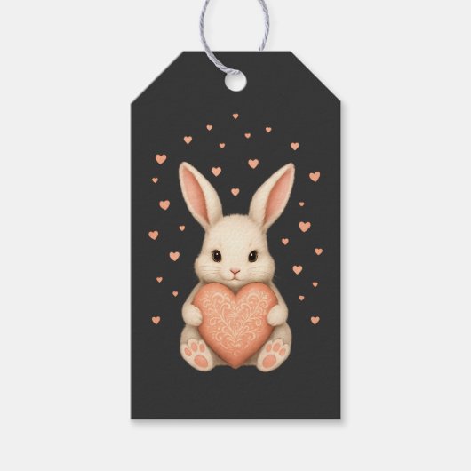 Cute Little Bunny with Heart on Dark Charcoal ギフトタグ (正面)