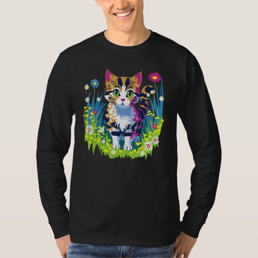 Cute Little Cat Animal and Flowers Tシャツ (正面)