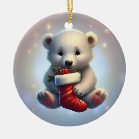 Cute Little Christmas Polar Bear セラミックオーナメント (正面)