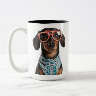 Cute Little Dachshund With Red Glasses ツートーンマグカップ