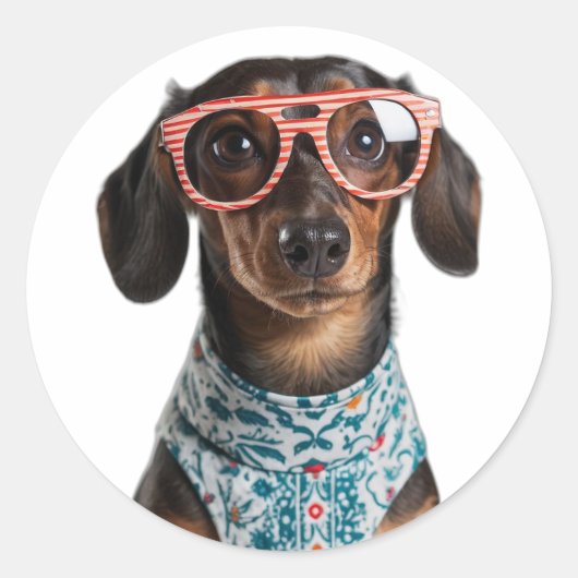 Cute Little Dachshund With Red Glasses ラウンドシール (正面)