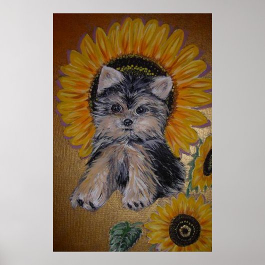 Cute Little Dog and Sunflowers ポスター (正面)