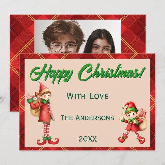 Cute Little Elves - Personalized Christmas  シーズンカード (正面/裏面)