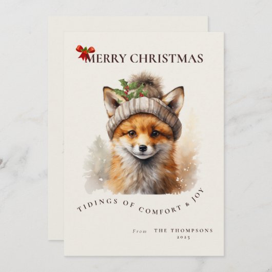 Cute Little Fox Christmas Greetings Card 招待状 (正面/裏面)
