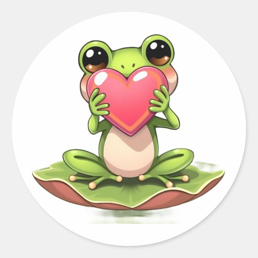 Cute Little Frog Holding a Heart ラウンドシール (正面)