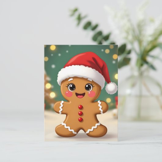 Cute little gingerbread man with Christmas hat ポストカード (スタンド正面)