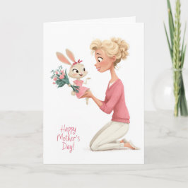 Cute Little Girl Bunny Bringing Mama Flowers カード