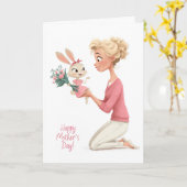 Cute Little Girl Bunny Bringing Mama Flowers カード (黄色い花)
