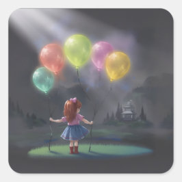 Cute Little Girl with Balloons スクエアシール