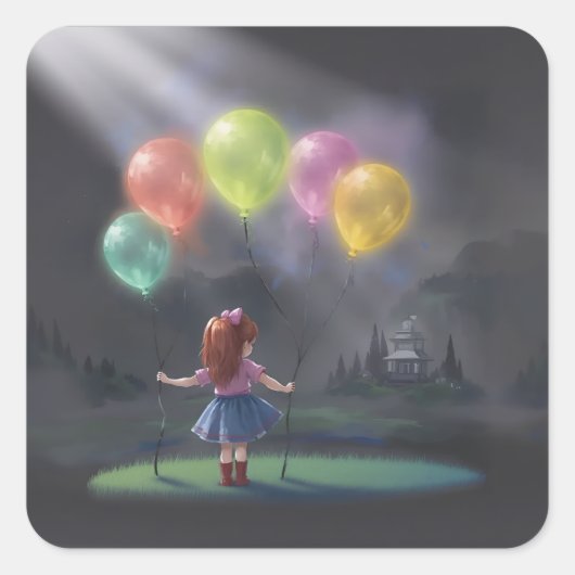 Cute Little Girl with Balloons スクエアシール (正面)