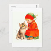 Cute Little Girl With Kitten Chritmas ポストカード (正面/裏面)