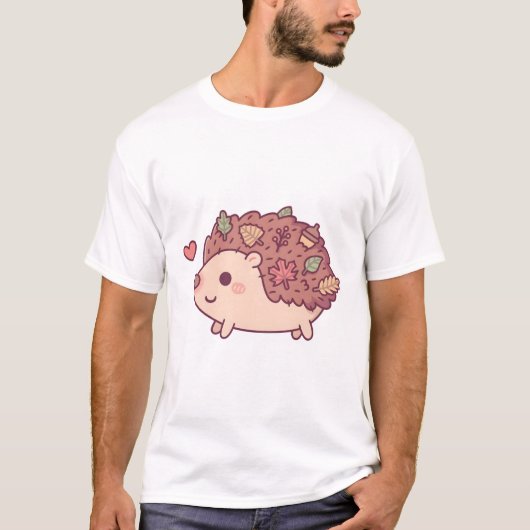 Cute Little Hedgehog With Autumn Leaves And Acorn Tシャツ (正面)