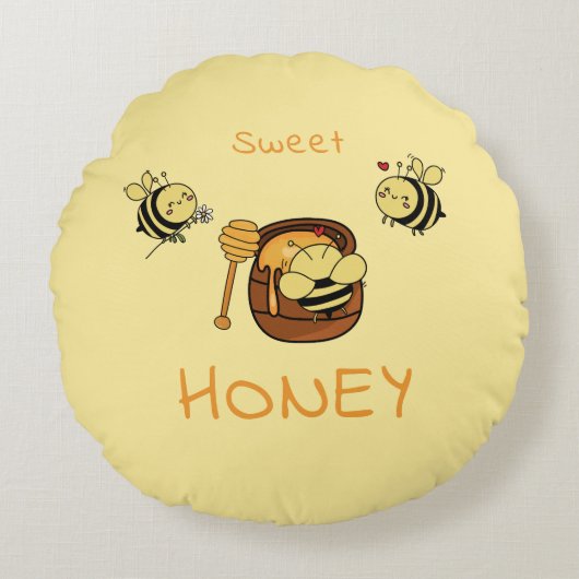 Cute Little Honeybee With Sweet Honey ラウンドクッション (正面)