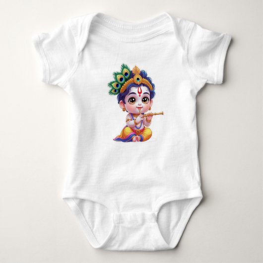 Cute Little Krishna Baby Art Outfit – Hindu God ベビーボディスーツ (正面)