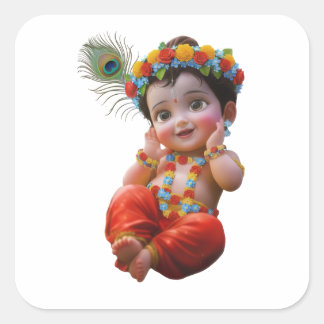 Cute Little Krishna Traditional Indian Art Poster スクエアシール
