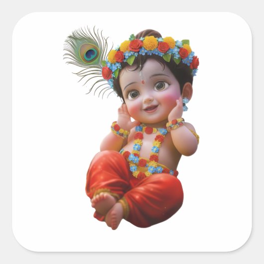 Cute Little Krishna Traditional Indian Art Poster スクエアシール (正面)