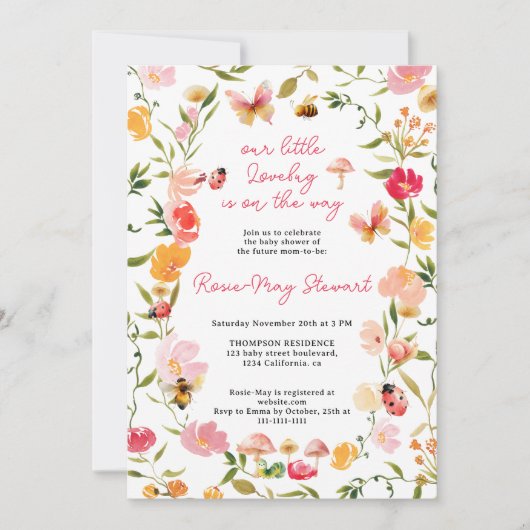 Cute Little Lovebug Spring Garden Baby Shower 招待状 (正面)