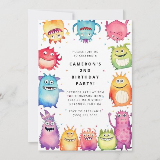 Cute Little Monster Kids Birthday Invitation 招待状 (正面)