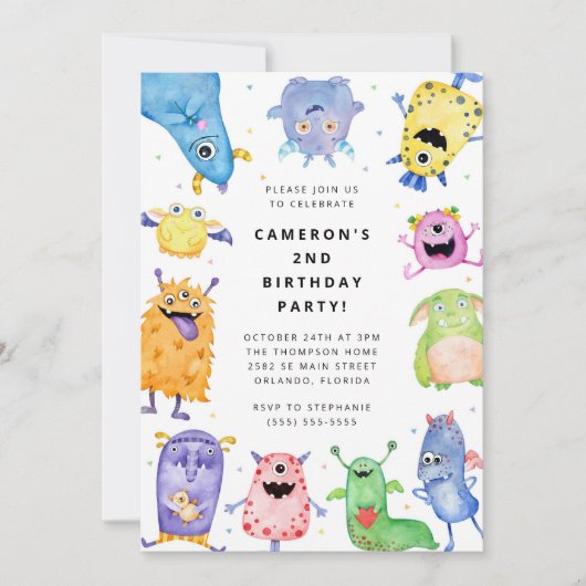 Cute Little Monster Kids Birthday Invitation 招待状 (正面)