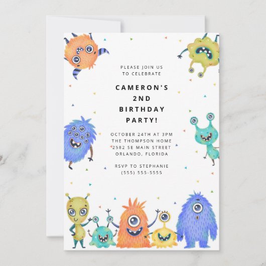 Cute Little Monster Kids Birthday Invitation 招待状 (正面)