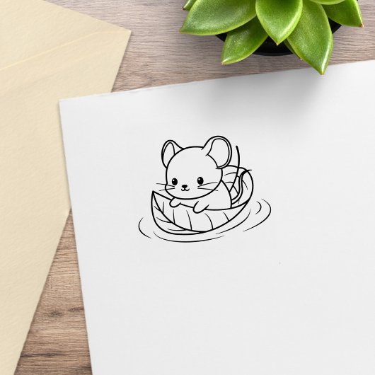 Cute Little Mouse Leaf Boat 1x1 ラバースタンプ