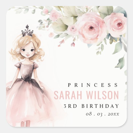 Cute Little Pink Princess Rose Floral Birthday スクエアシール (正面)
