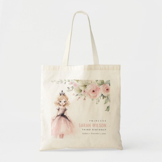 Cute Little Pink Princess Rose Floral Birthday トートバッグ (正面)