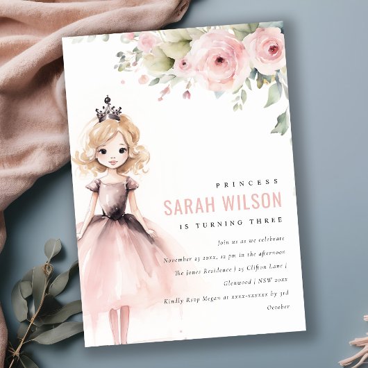 Cute Little Pink Princess Rose Floral Birthday 招待状