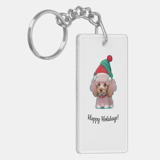 Cute little poodle with a Christmas Hat キーホルダー (正面左)