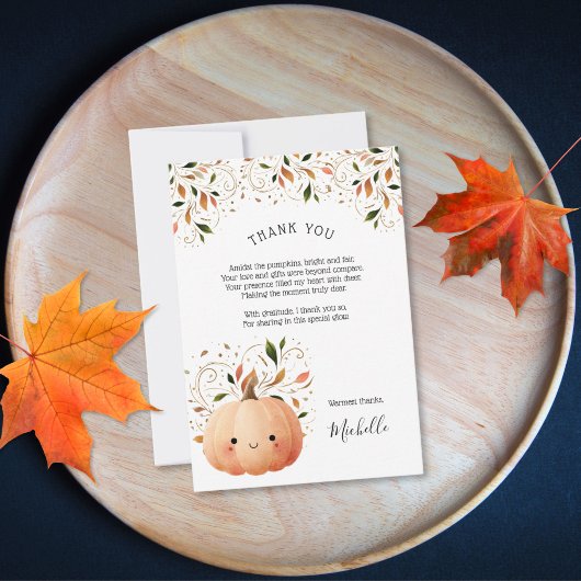 Cute Little Pumpkin on the Way Fall Baby Shower サンキューカード