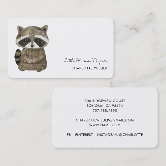 Cute Little Raccoon Daycare Business Card 名刺 (正面/裏面)