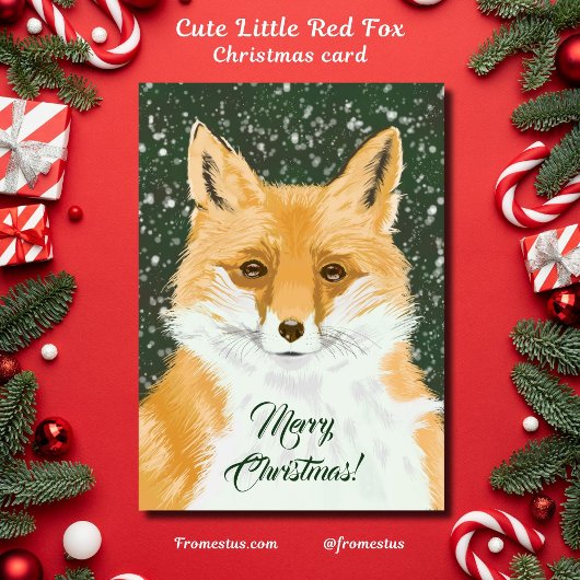Cute Little Red Fox - in snow Merry Christmas.  シーズンカード