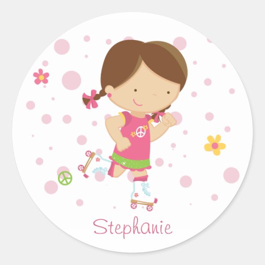 Cute little rollerskater girl personalized sticker ラウンドシール (正面)