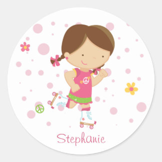 Cute little rollerskater girl personalized sticker ラウンドシール