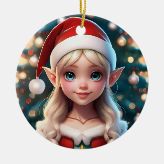 Cute Little Santa Claus's Christmas Elf セラミックオーナメント (正面)