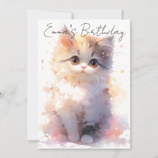cute little watercolor cat birthday 招待状 (正面)