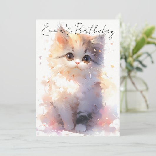 cute little watercolor cat birthday 招待状 (スタンド正面)