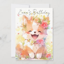 cute little watercolor dog birthday 招待状