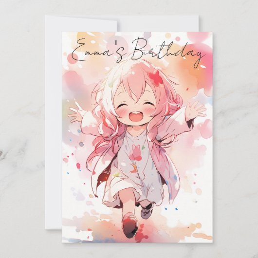 Cute little watercolor girl birthday 招待状 (正面)