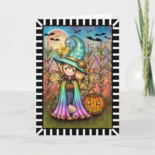 Cute Little Witch and Cat Halloween カード (正面)
